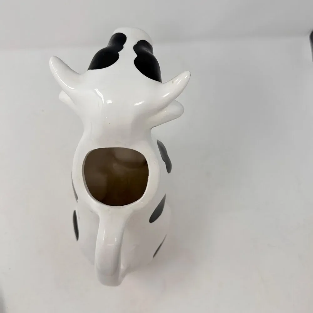 Vintage Cow Pitcher Ceramic Black White Holstein Milk Jug Vase Taiwan - READ